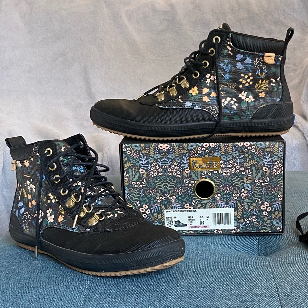 Keds x Rifle Paper Co. Scout Water-Resistant Boots 8.5 M Wildflower Black w/ Box